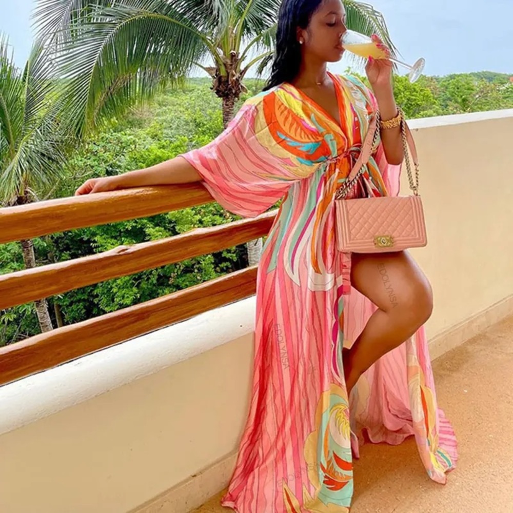 #208 LAST 1! Multicolor Button Pattern Vacation Flowy Bohemian Resort Maxi Dress - Picture 4 of 4